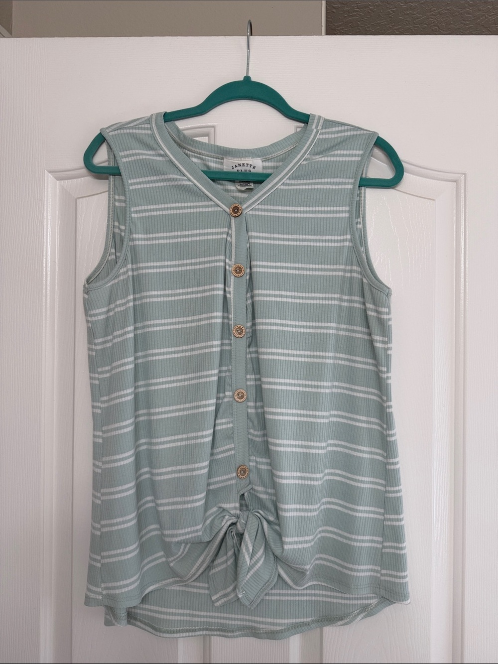 Janette Plus Sage and White Striped Tie-Front Sleeveless Tank